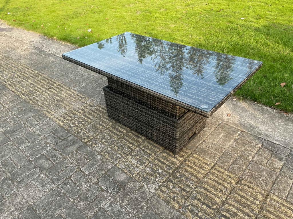 Outdoor rattan garden furniture with sofa, height-adjustable dining table, 2 side tables, and 2 stools.