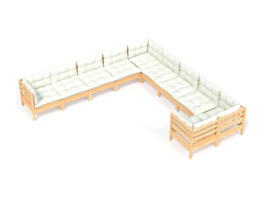 10-piece garden furniture set with cream cushions, pine wood