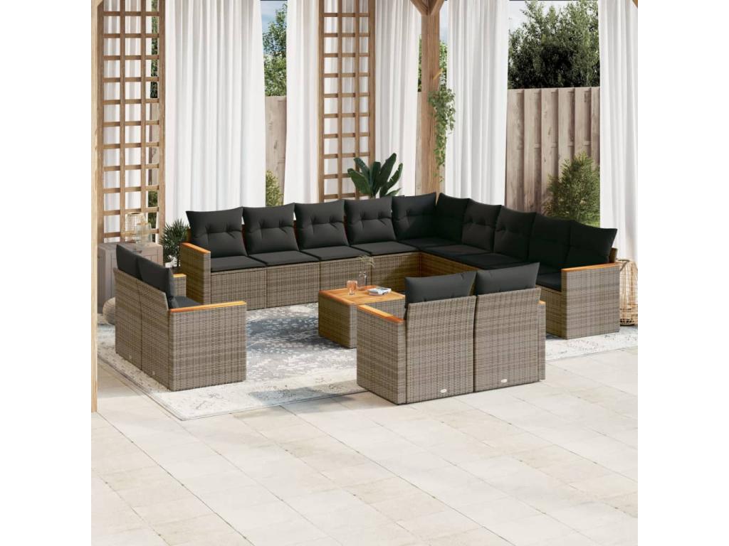 Garden furniture set with cushions, 14 pieces, grey woven resin