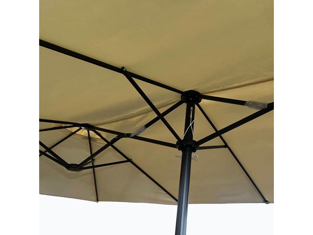 Vertchez double garden parasol in beige. Weight 12.3 kg. Dimensions: L460 x W270 x H245 cm