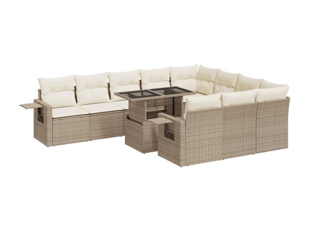 11-piece garden furniture set with beige resin wicker cushions