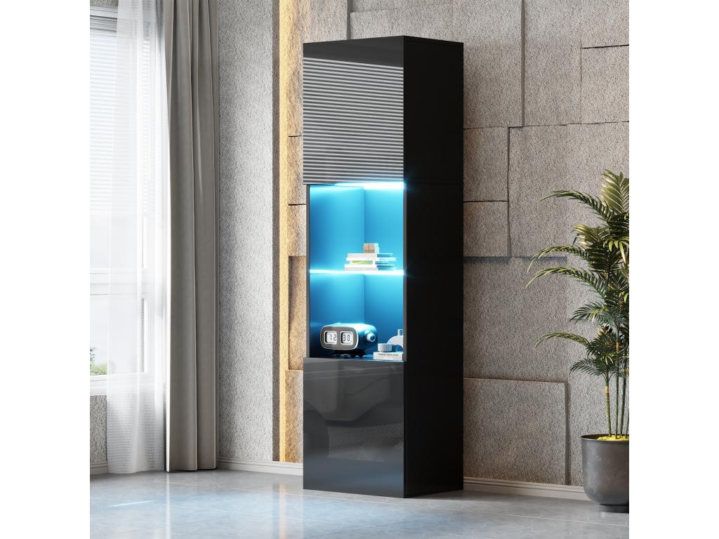Display cabinet with 2 doors and 1 glass shelf - 45x35x160 cm - LEDs - Particleboard - Glossy black
