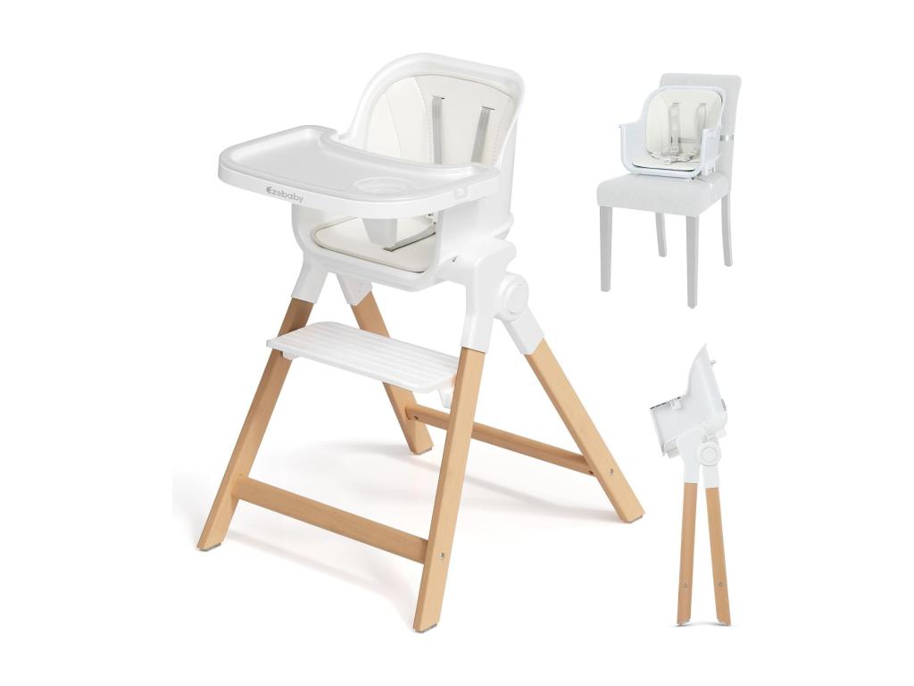 Folding Baby High Chair, 4-in-1 Child's Chair with Wooden Legs, Extra Seat, Bar Stool, Suitable from 6 Months, White