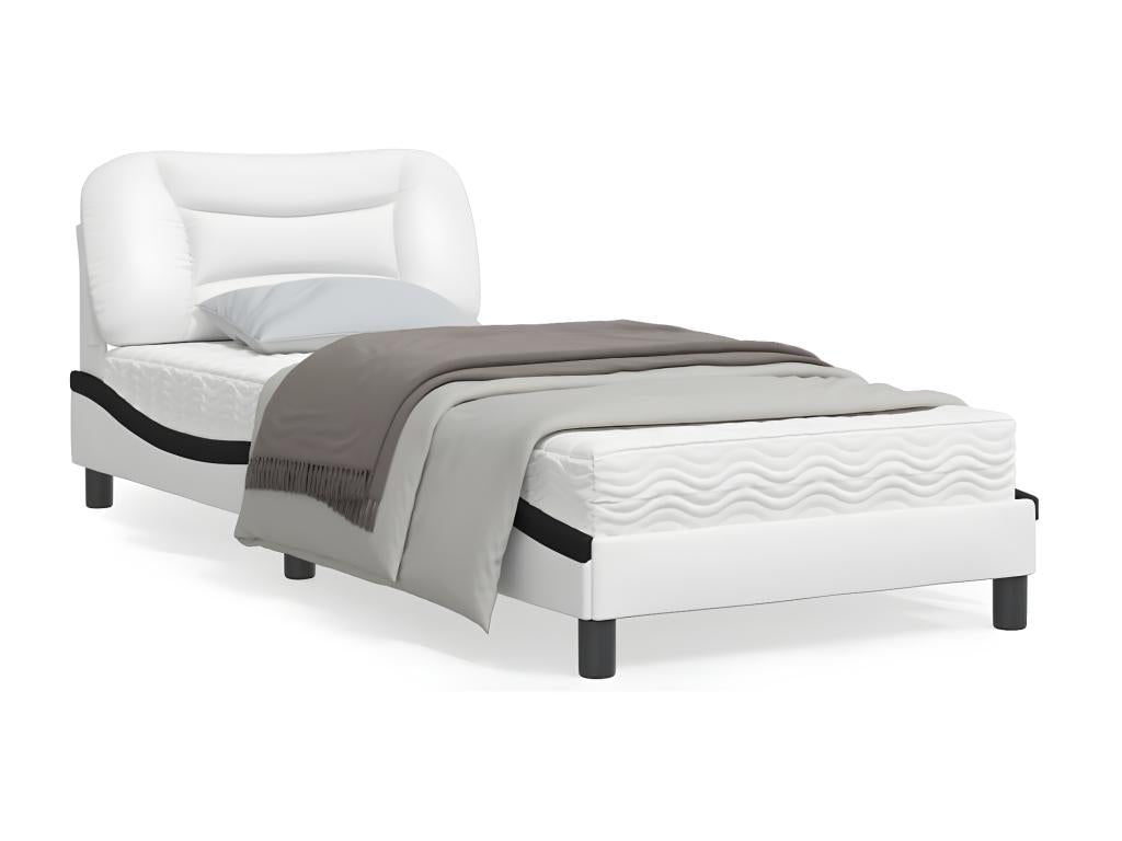 Bed frame with LED lights, white and black, 90x200 cm, faux leather