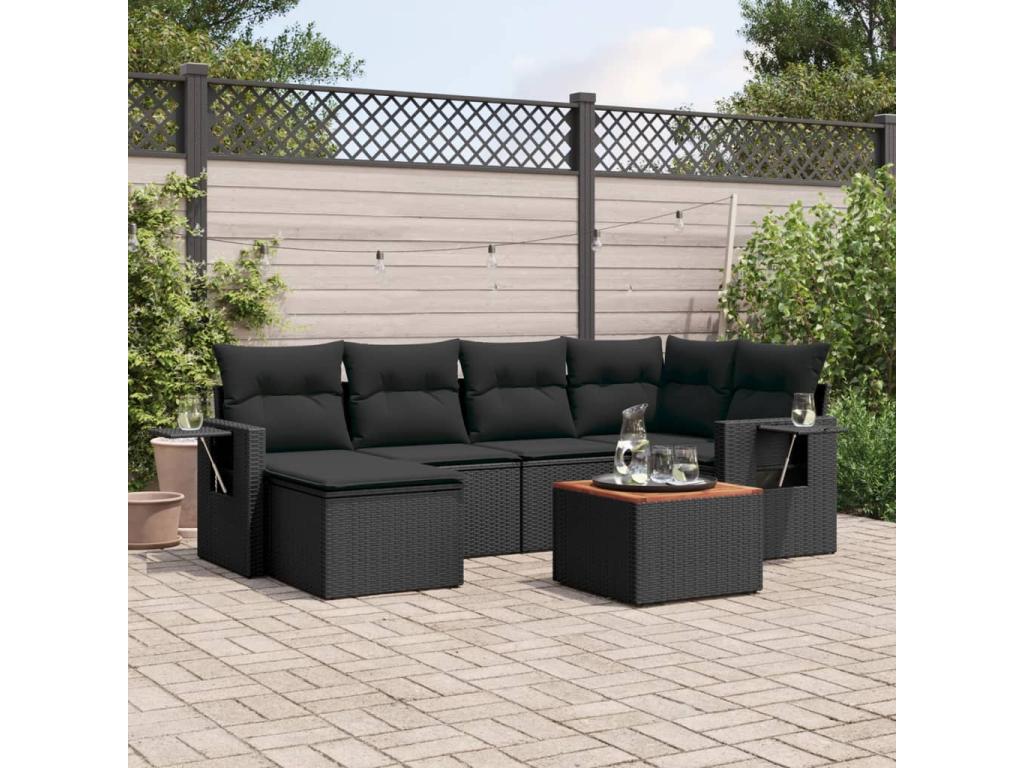 7-piece garden furniture set with cushions, black woven resin