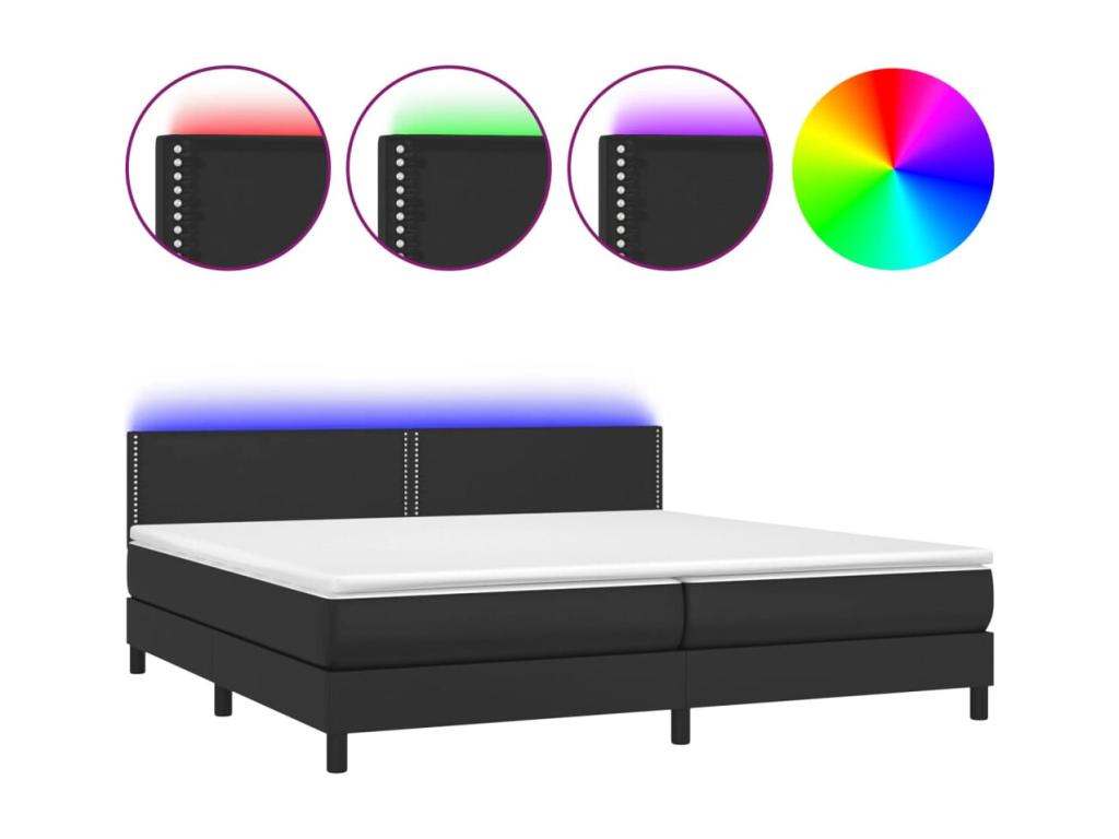Upholstered bed base with mattress and LED lighting, black, 200x200cm, faux leather
