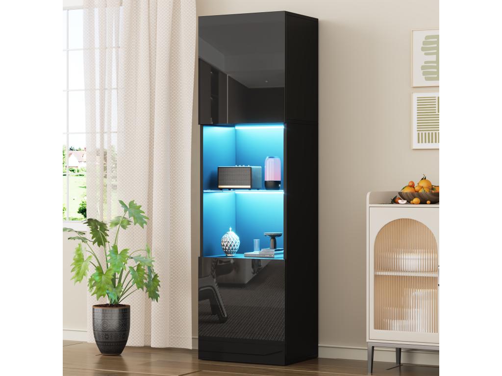 Display cabinet with 2 doors and 1 glass shelf - 45x35x160 cm - LEDs - Particleboard - Glossy black
