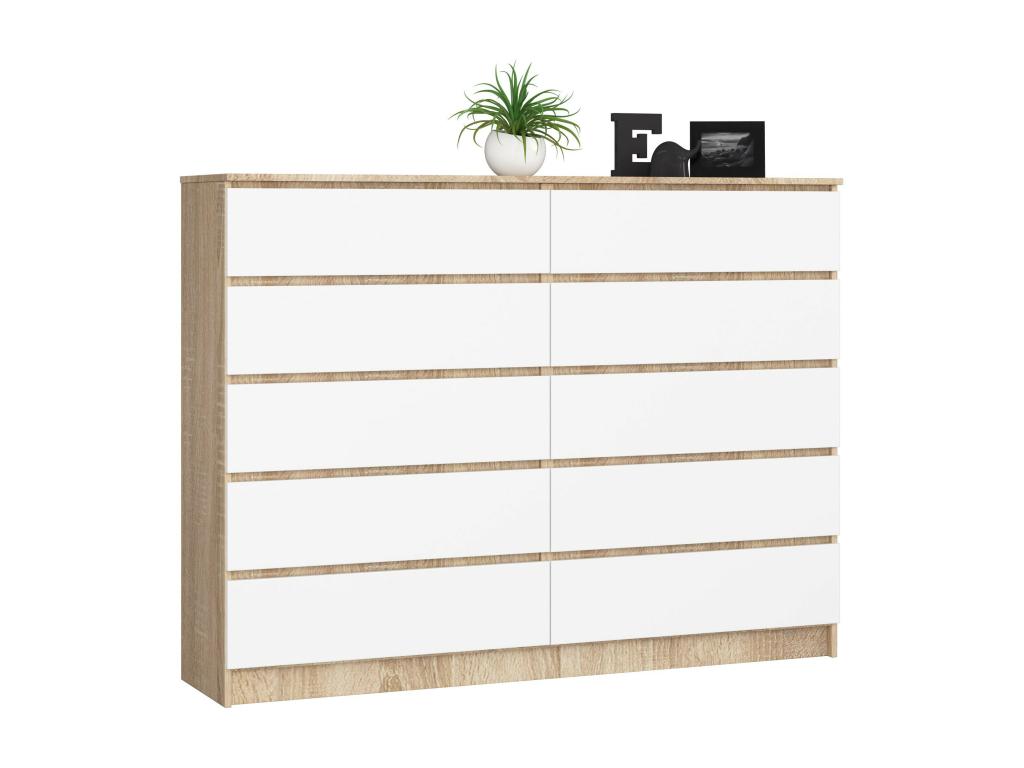 Large chest of drawers for the living room, Vertchez K160 Oak, Vertchez, 160 cm, 10 drawers, white front, 160x40x121 cm