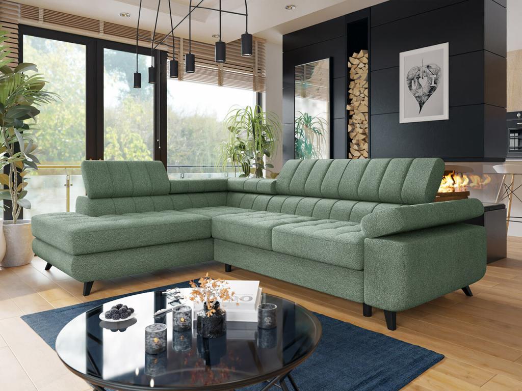 Vertchez 207 Green Corner Sofa with Sleeping Function and Bedding Box, 264x203x73cm