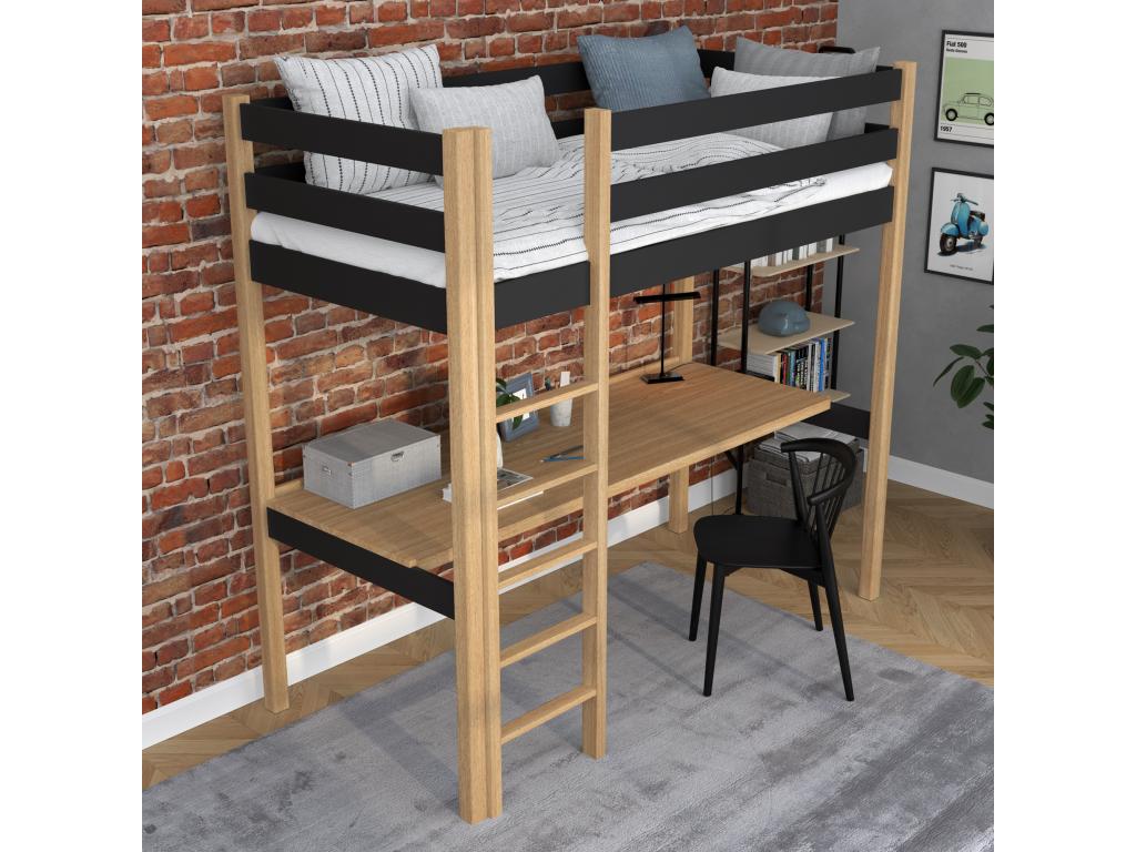 Wooden loft bed - with desk N05 Black / Natural Oak 100x180