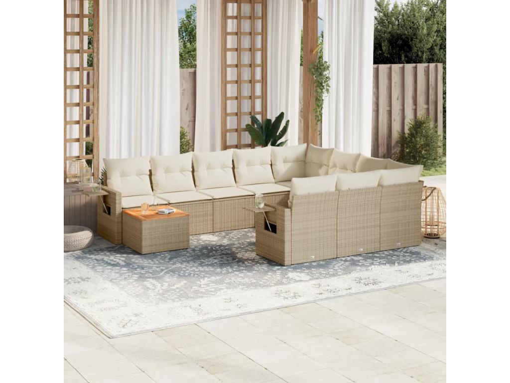 11-piece garden furniture set with beige resin wicker cushions