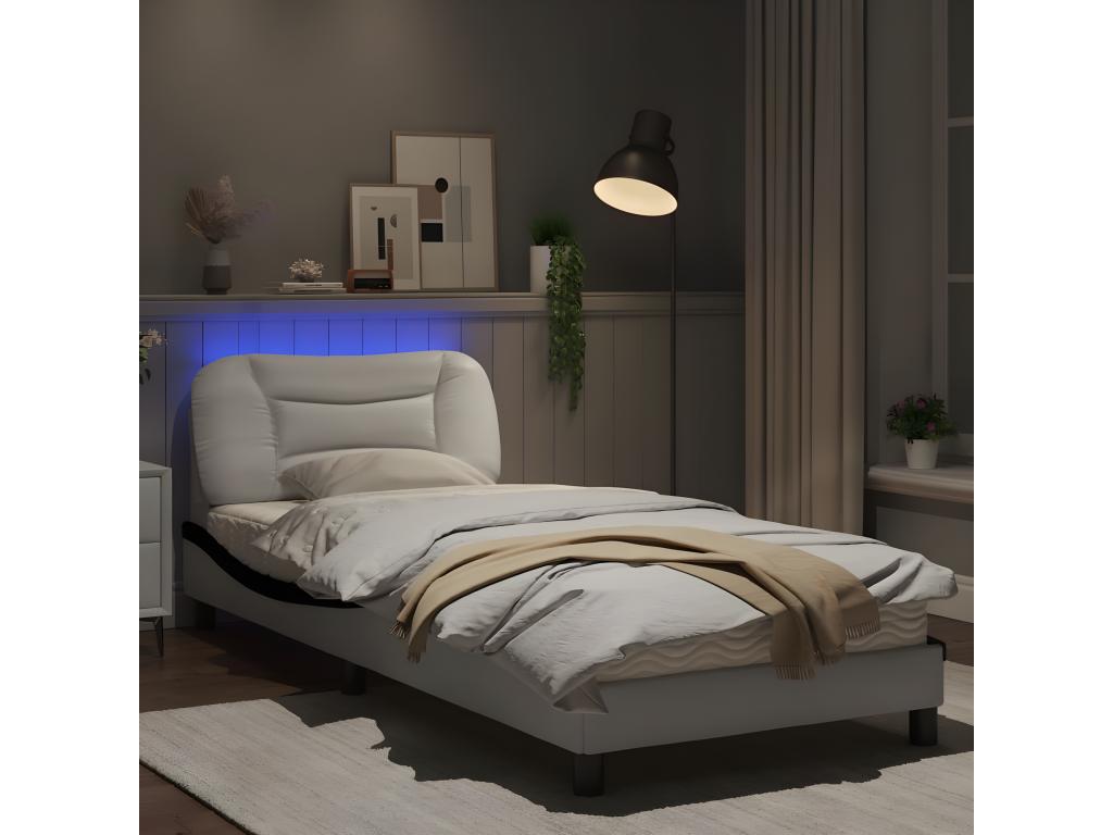 Bed frame with LED lights, white and black, 90x200 cm, faux leather