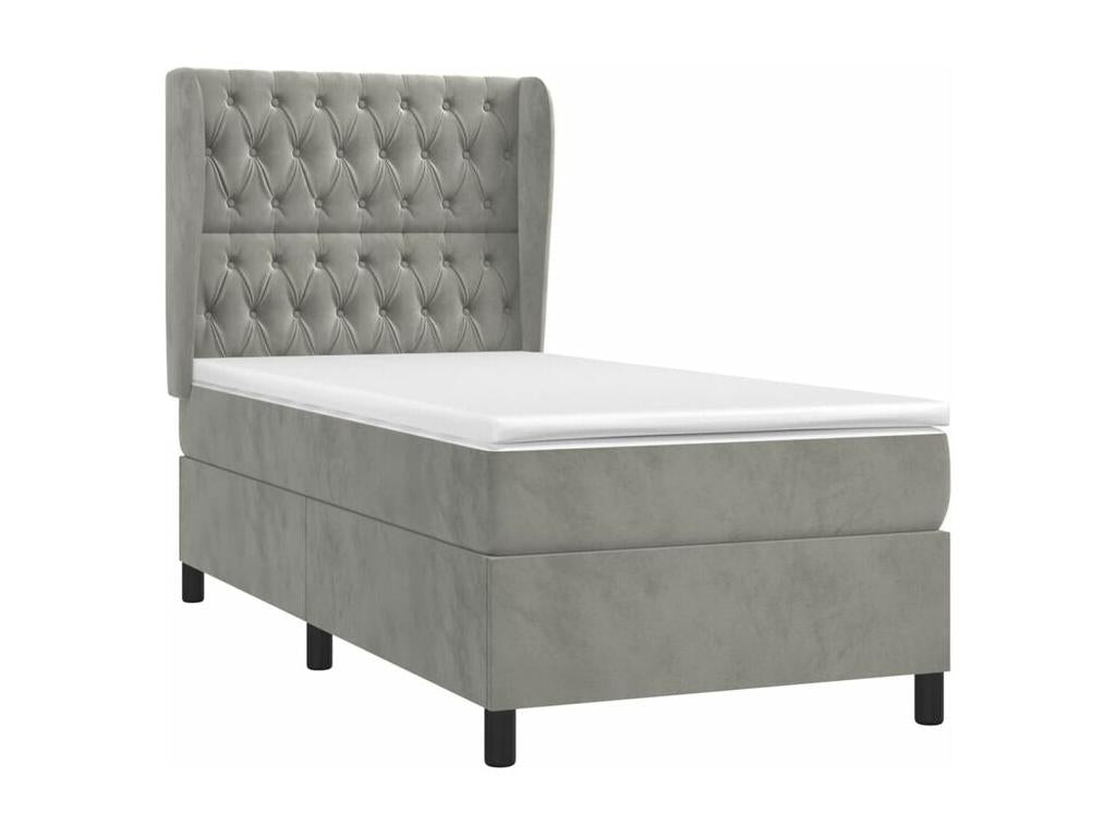 Bed base and mattress in Vertchez, light grey, 100x200 cm, velvet