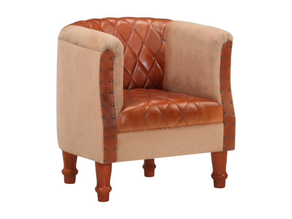 Brown armchair in genuine leather and solid mango wood