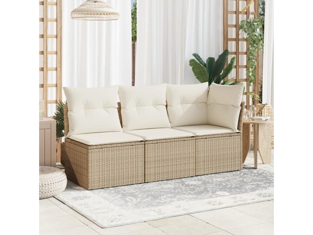 Corner garden sofa with beige cushions, woven resin