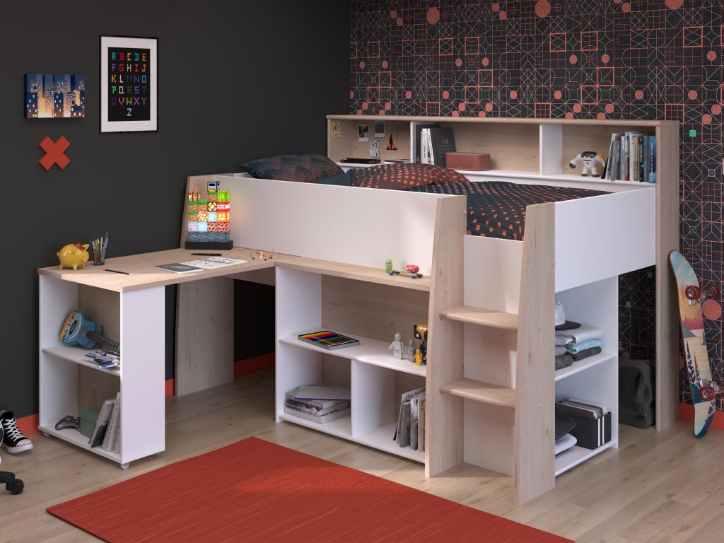 90x200 cm combination bed with desk and storage - White and natural - Meublita