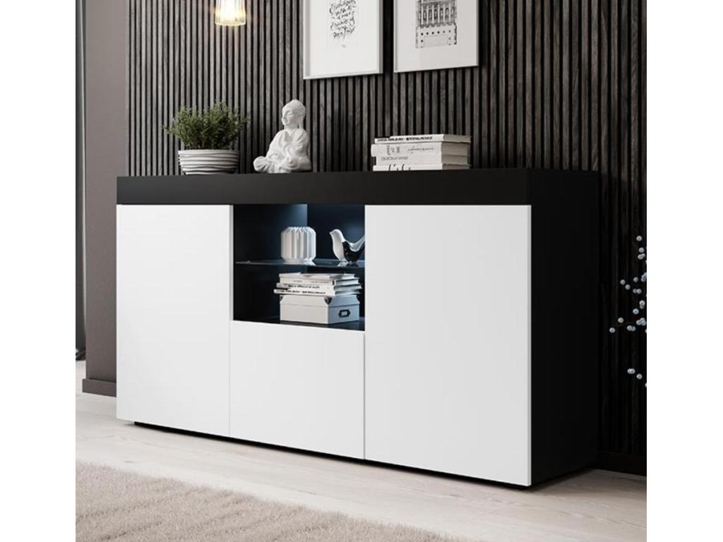 Natolia Low Sideboard for Living Room/Dining Room in Black and White with LED Lighting, 150x40x80cm