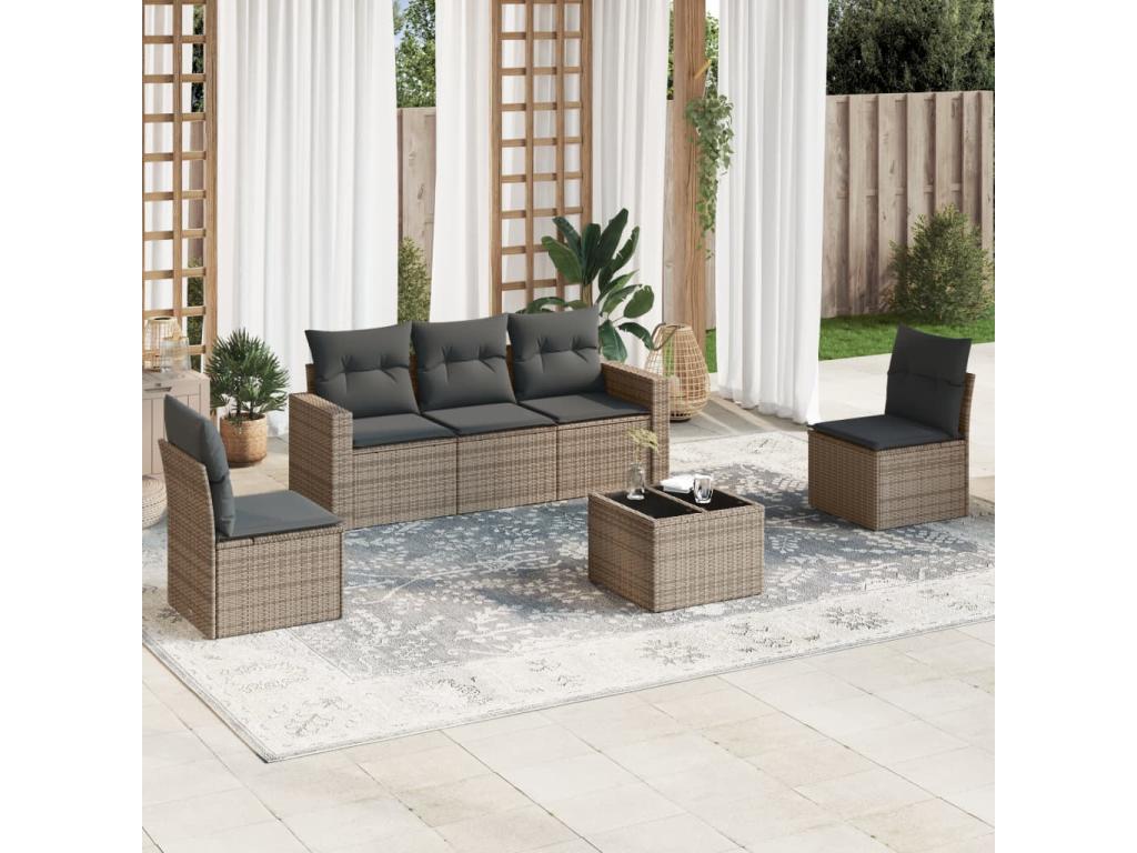 6-piece garden furniture set with grey resin wicker cushions