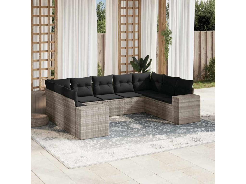 9-piece garden furniture set with light grey cushions, woven resin