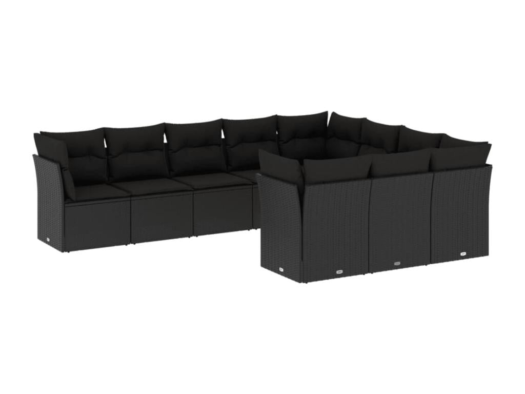 10-piece garden furniture set with cushions, black woven resin