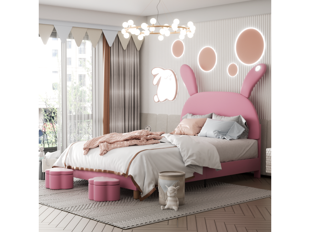 Upholstered bed 140x200 cm with 2 storage stools for children - LED bedside table - adjustable headboard - velvet - pink