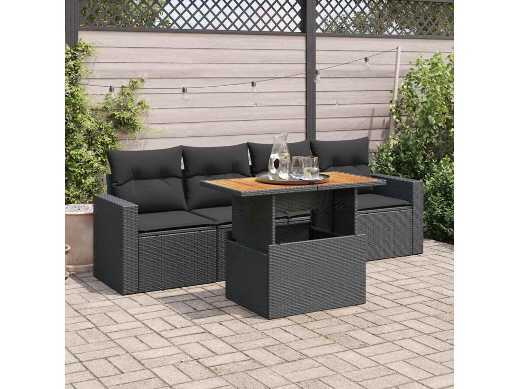 5-piece garden furniture set with cushions, black woven resin