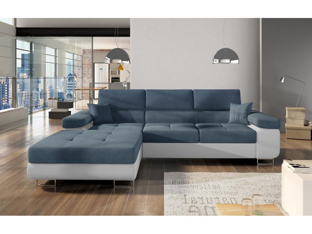 Vertchez 280cm Left-Hand Corner Sofa Bed in Mineral Blue Fabric and White Faux Leather with Storage