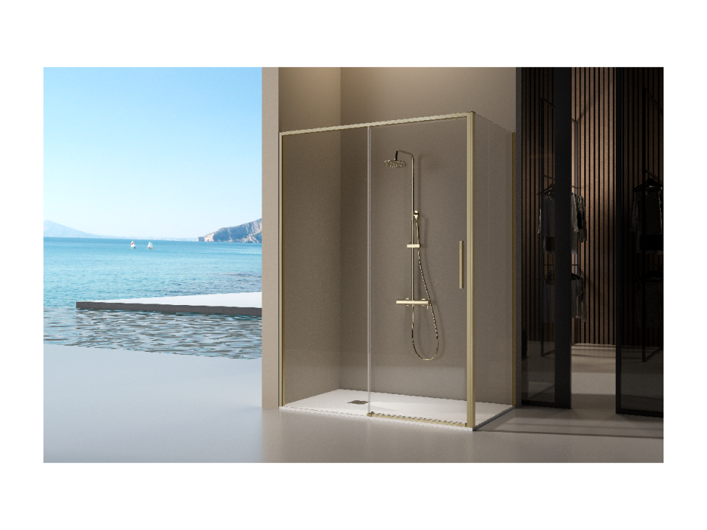Fixed gold shower screen with sliding door, Vertchez brushed gold, 167-169.6 cm