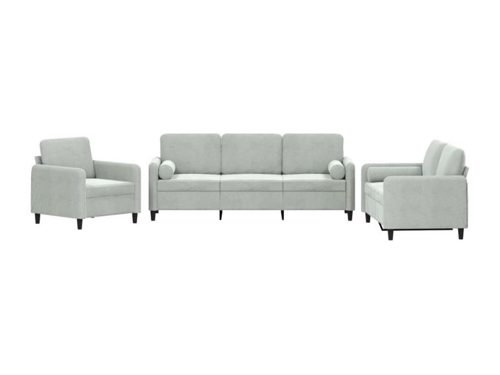 3-piece sofa set with light grey velvet cushions