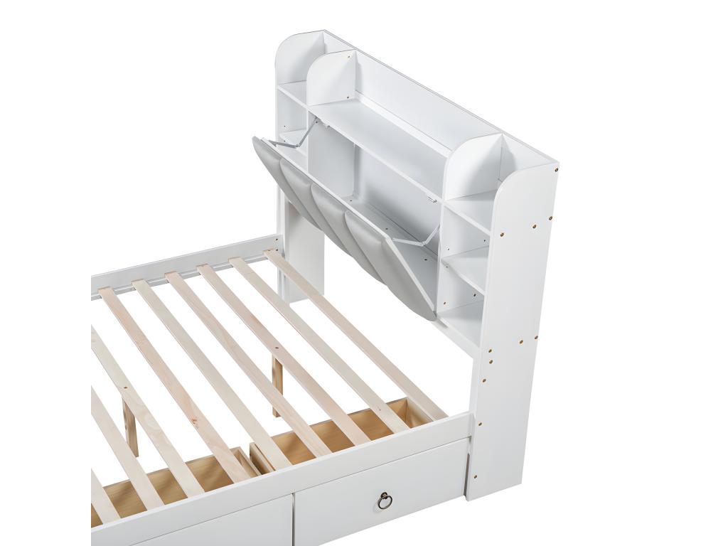 Double bed 140x200cm - made of pine wood and MDF - storage headboard with open shelves and 3 drawers - White