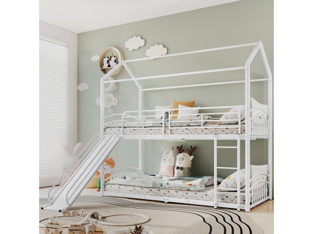 Bunk bed 90x200cm - children's cabin bed with stairs and right-angle ladder with slide - white metal frame