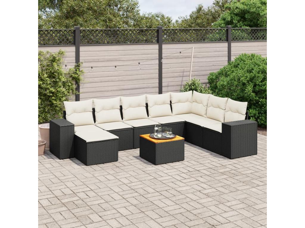9-piece garden furniture set with cushions, black woven resin