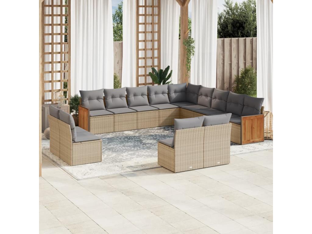 13-piece garden furniture set with cushions, beige woven resin