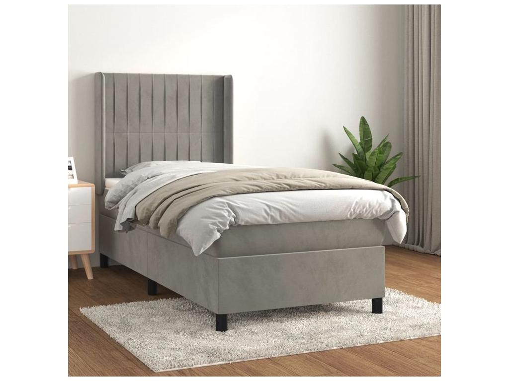 Bed base and mattress in Vertchez, light grey, 80x200 cm, velvet