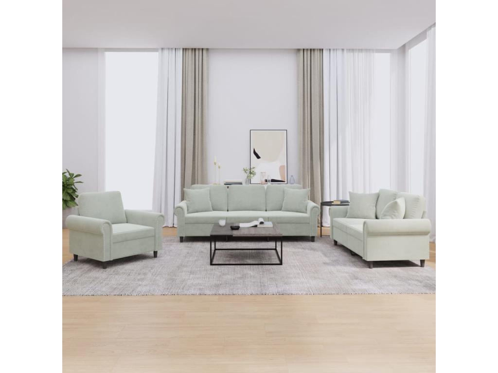 3-piece sofa set with light grey velvet cushions