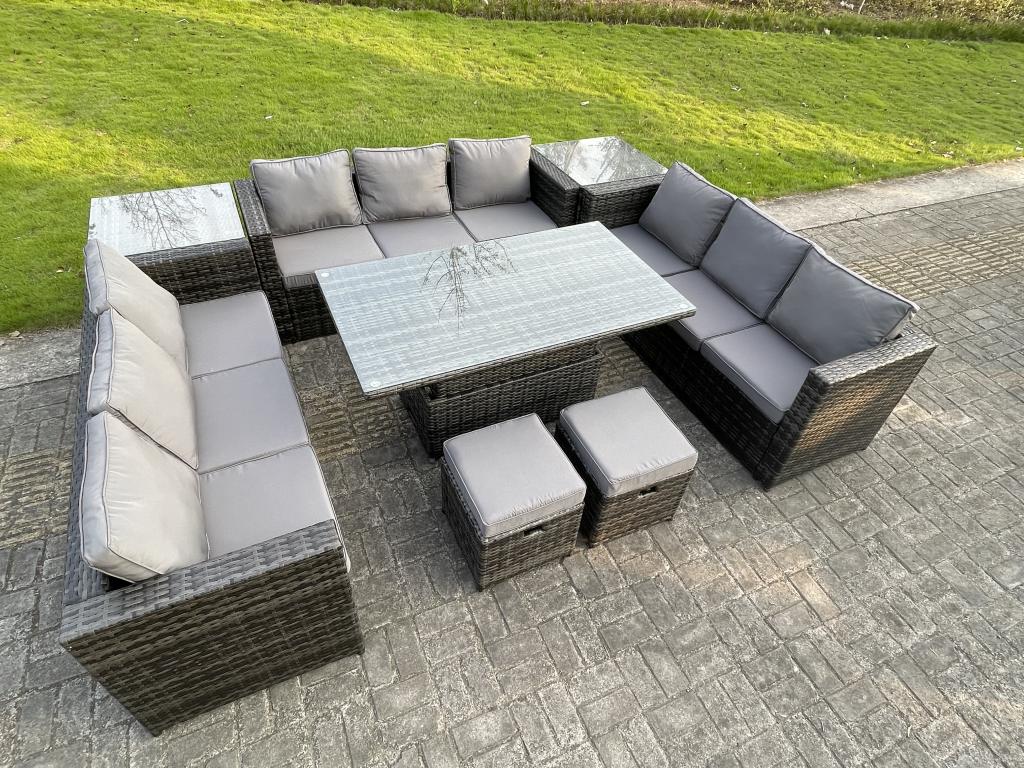 Outdoor rattan garden furniture with sofa, height-adjustable dining table, 2 side tables, and 2 stools.