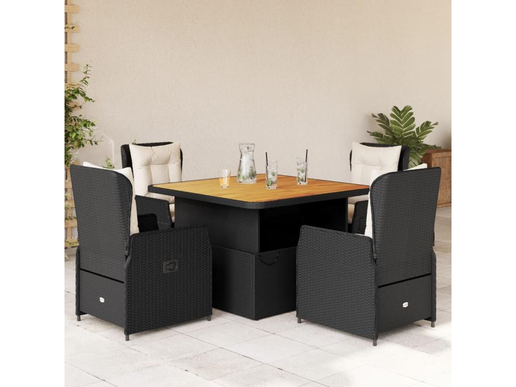5-piece garden dining set with cushions, black woven resin