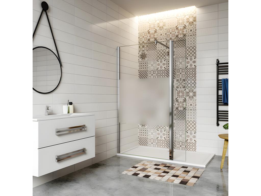 Walk-in shower enclosure with frosted glass center panel, 100 x 30 x 200 cm, with pivoting return and 90 cm square support bar