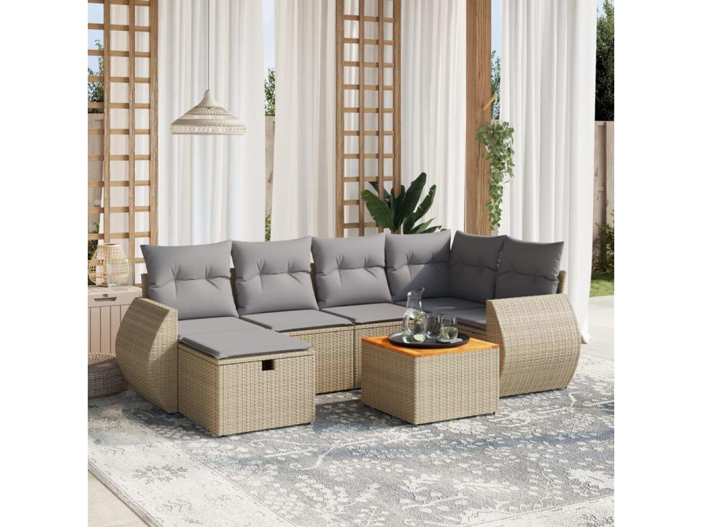 7-piece garden furniture set with cushions, beige woven resin, by MéVertchez