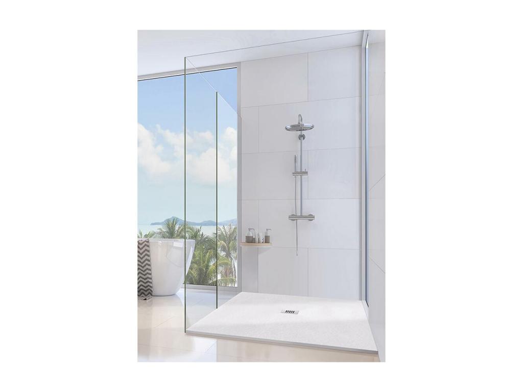 95x115 cm Shower Tray, Vertchez Line, Extra Thin, Light Grey RAL 7035, in Synthetic Resin and Marble Powder with Freestanding Drain