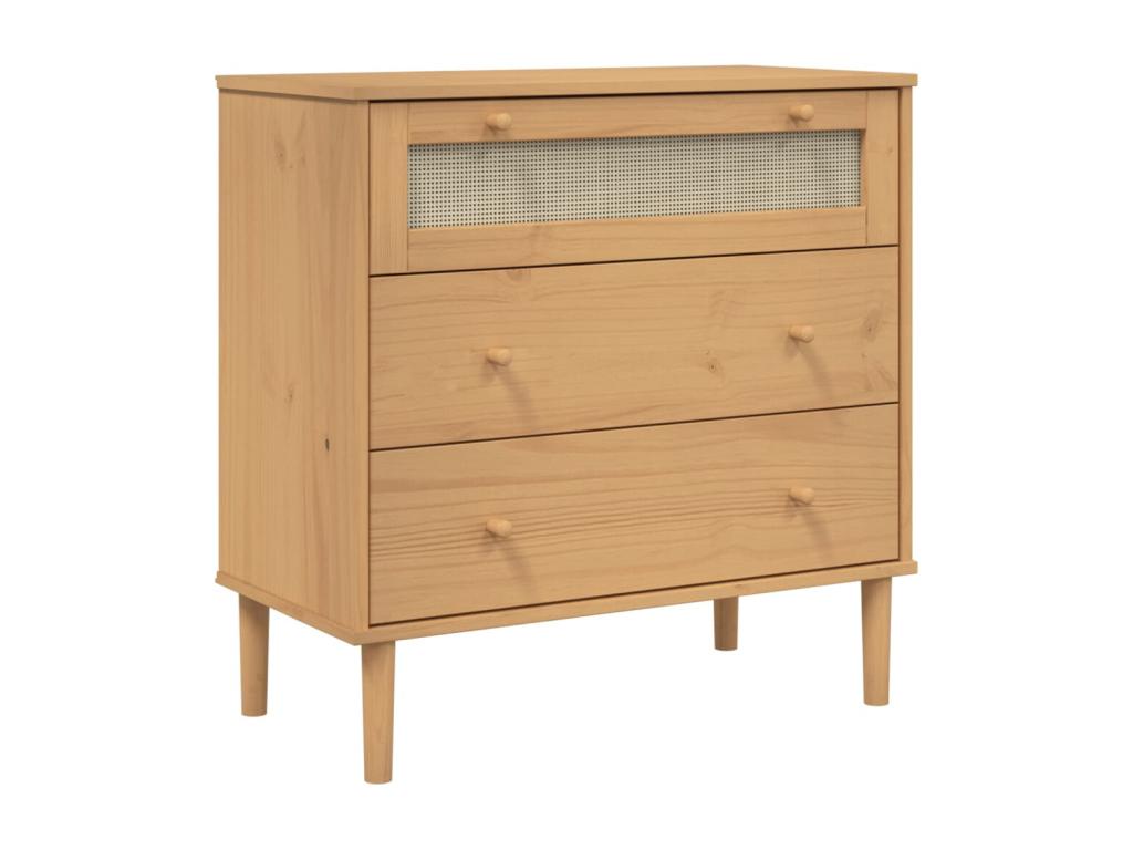 Green chest of drawers with a brown rattan-look finish and solid pine wood