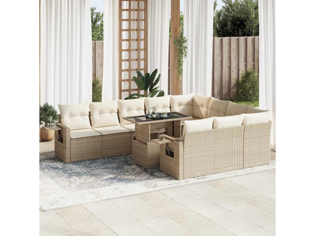 11-piece garden furniture set with beige resin wicker cushions