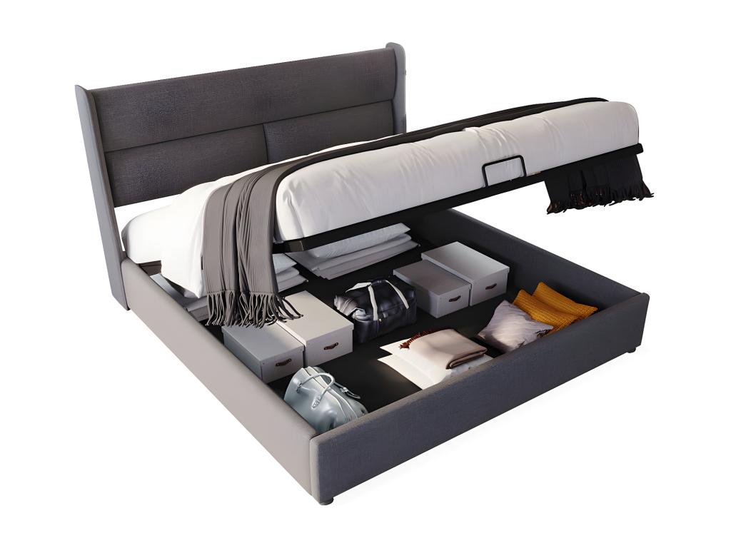 Double storage bed with adjustable headrest, upholstered bed, linen bed frame, 140x200 cm youth bed with slatted base, Meublita