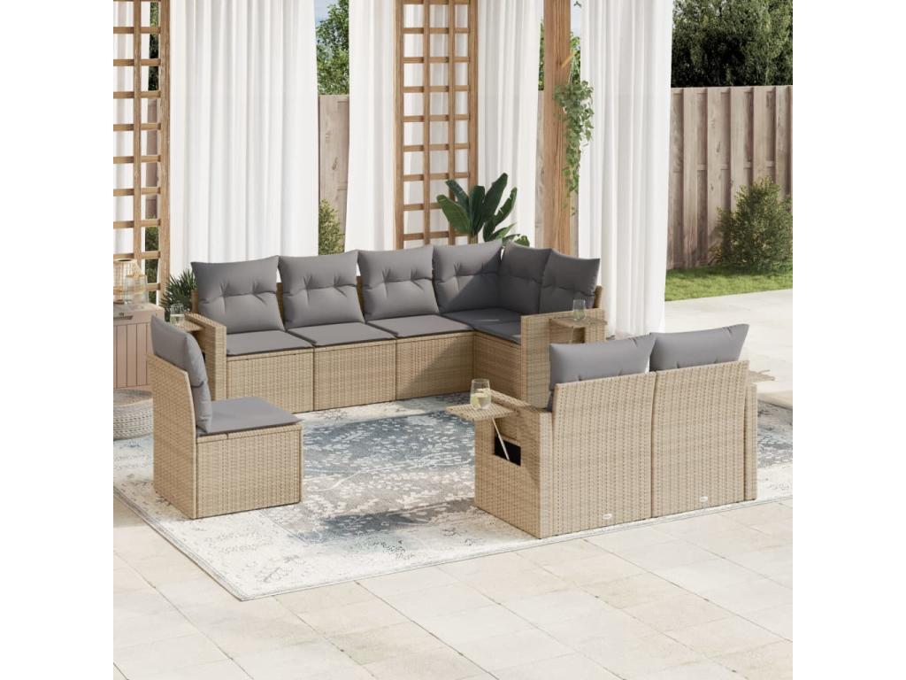 8-piece garden furniture set with cushions, beige woven resin