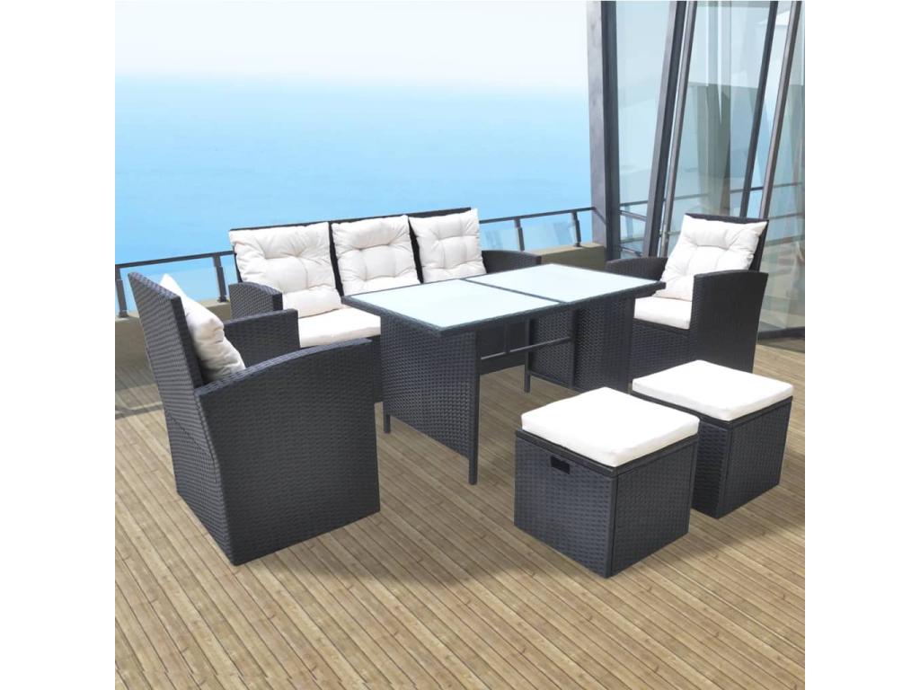 6-piece garden dining set and cushions, black woven resin