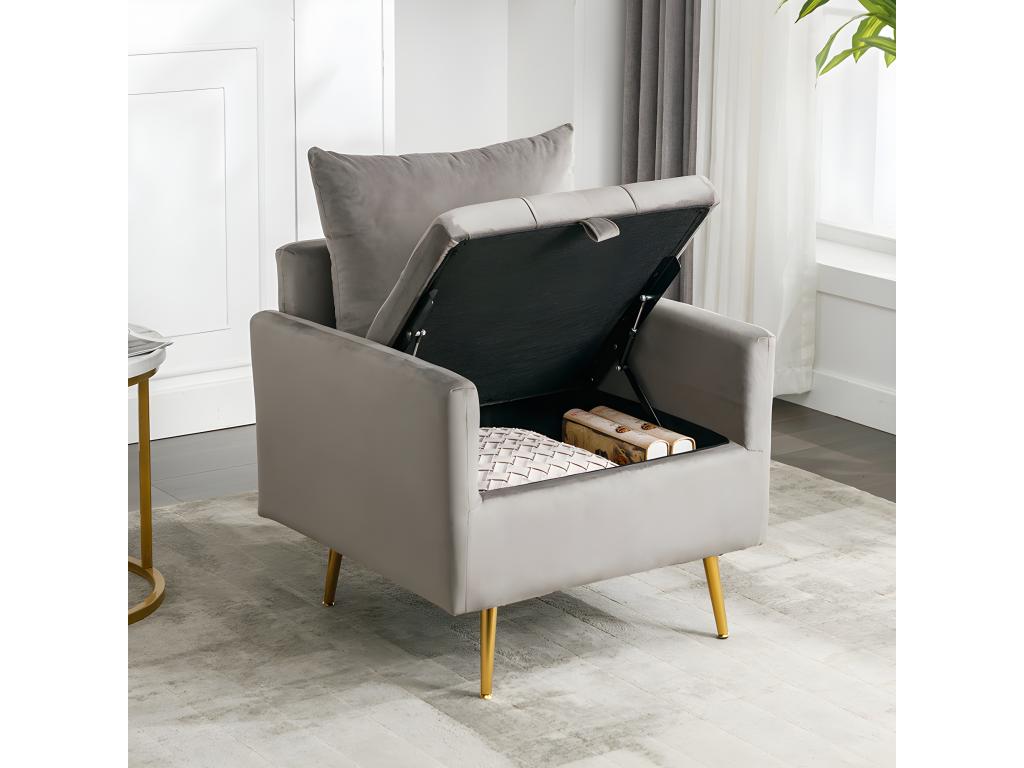 Armchair Sofa Chair with storage space, gold metal legs, modern grey velvet