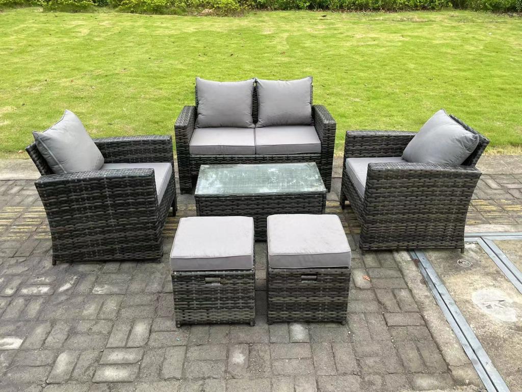 6-Seater Dark Grey High-Back Rattan Sofa Set with Rectangular Coffee Table and 2 Stools