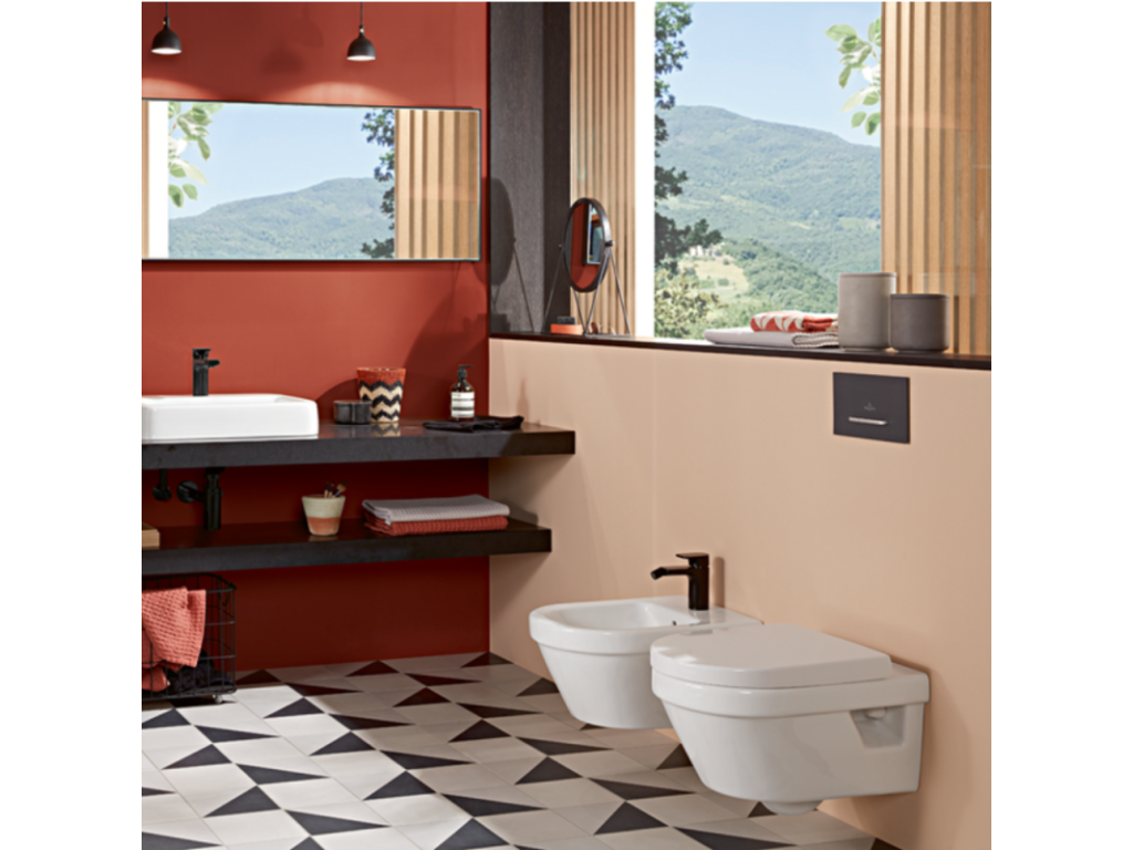 Vertchez &amp; Boch Architectura rimless wall-hung toilet with Geberit concealed cistern and flush plate