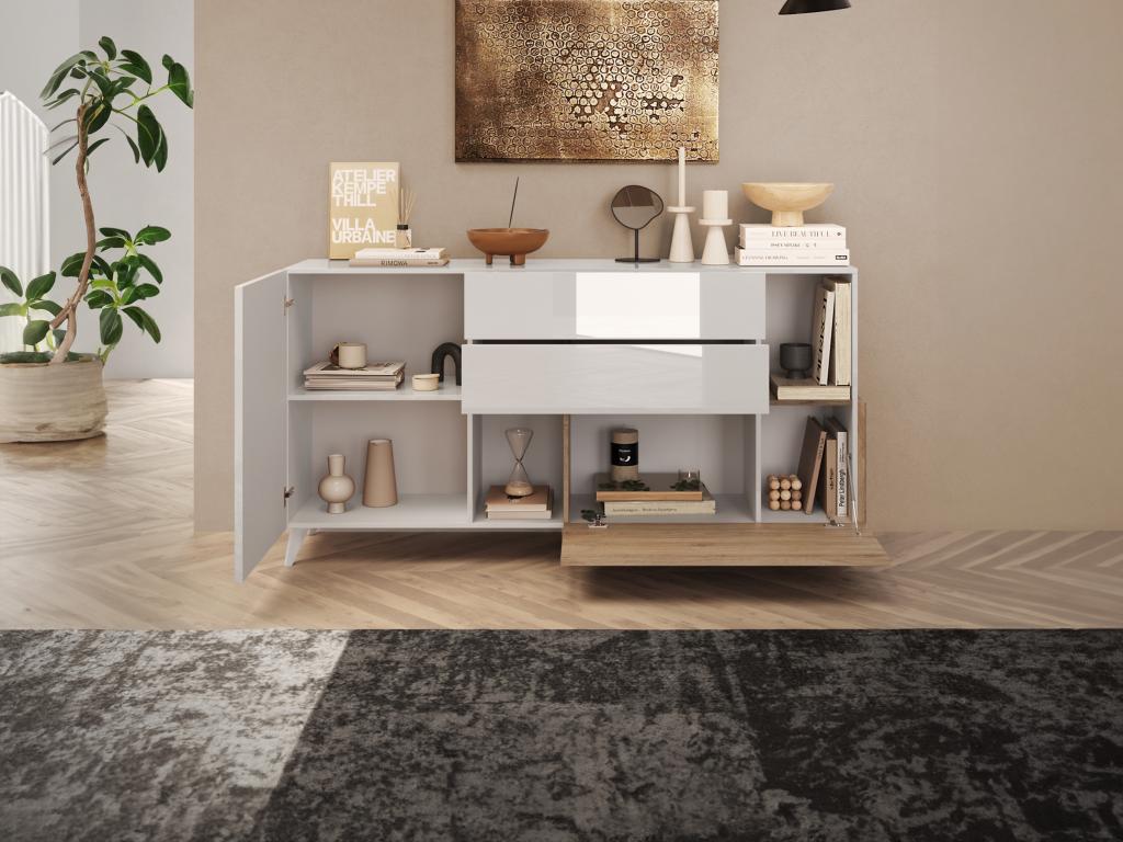 Sideboard with 2 doors, 2 drawers and 2 shelves - Natural and white lacquered - Vertchez