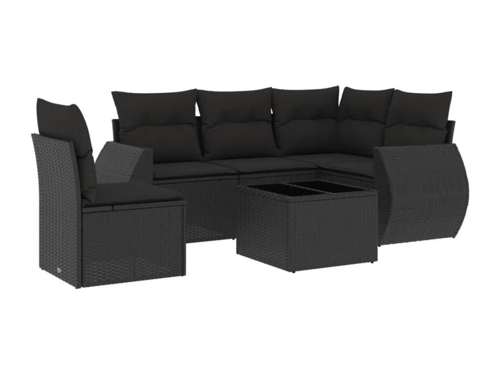6-piece garden furniture set with cushions, black woven resin